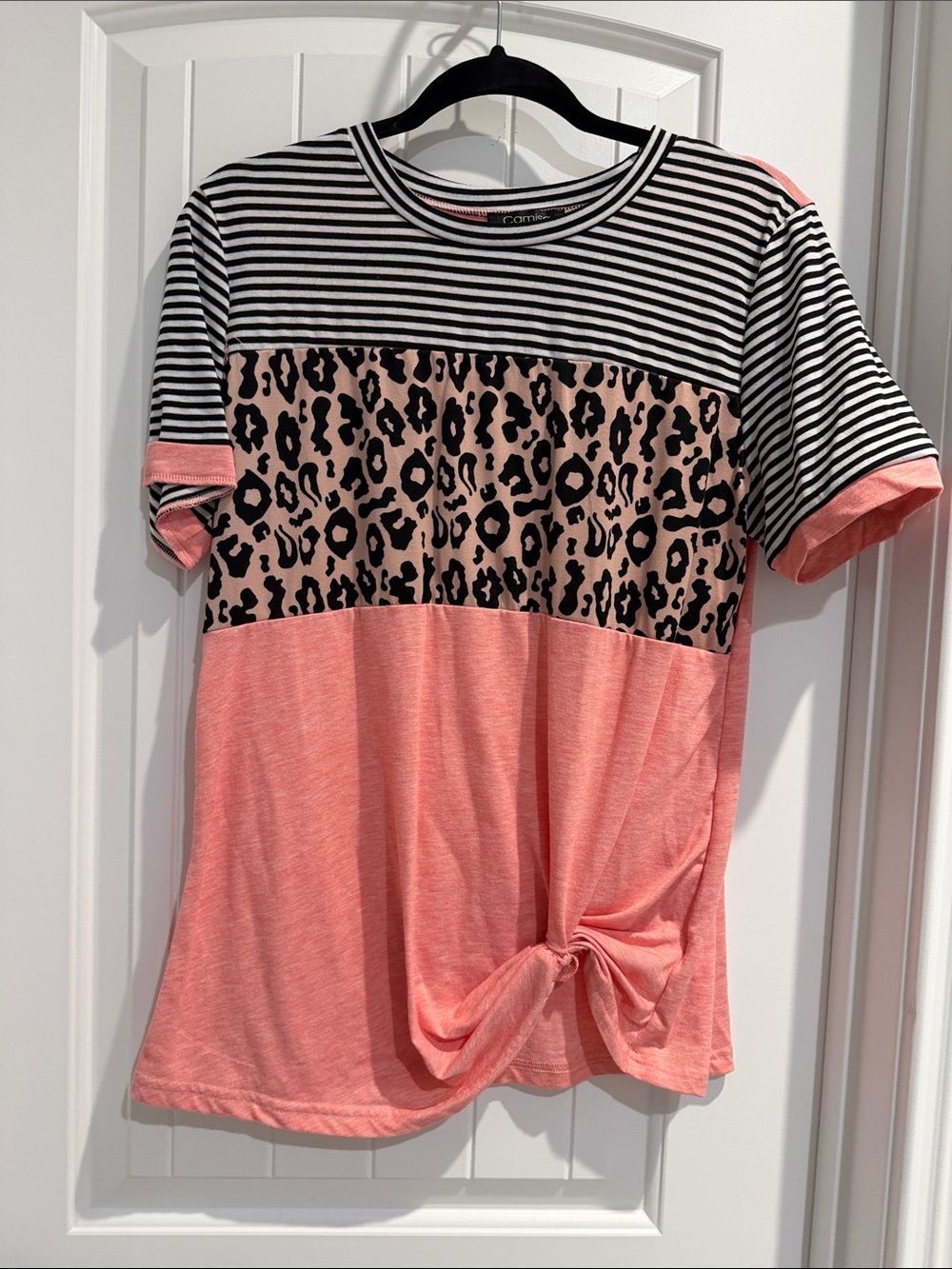 Camile Coral Pink Leopard & Stripe Short Sleeve Tee